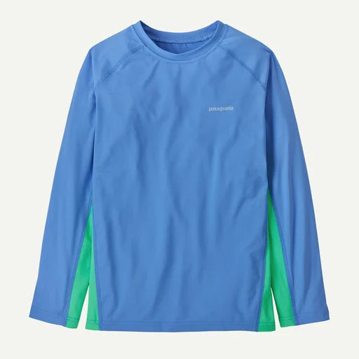 Blue long-sleeve shirt with green accents on a light gray background