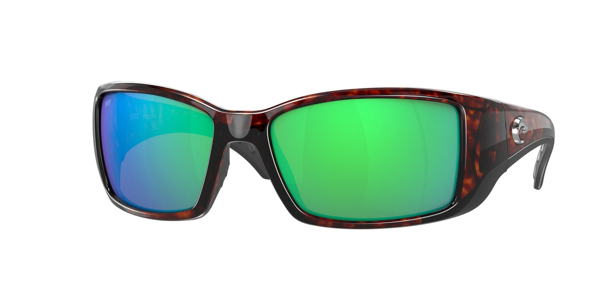 Sunglasses with green and blue lenses on a white background