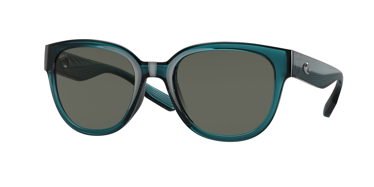 Teal sunglasses with dark lenses on a white background