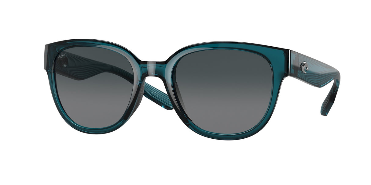 Teal sunglasses with dark lenses on a white background