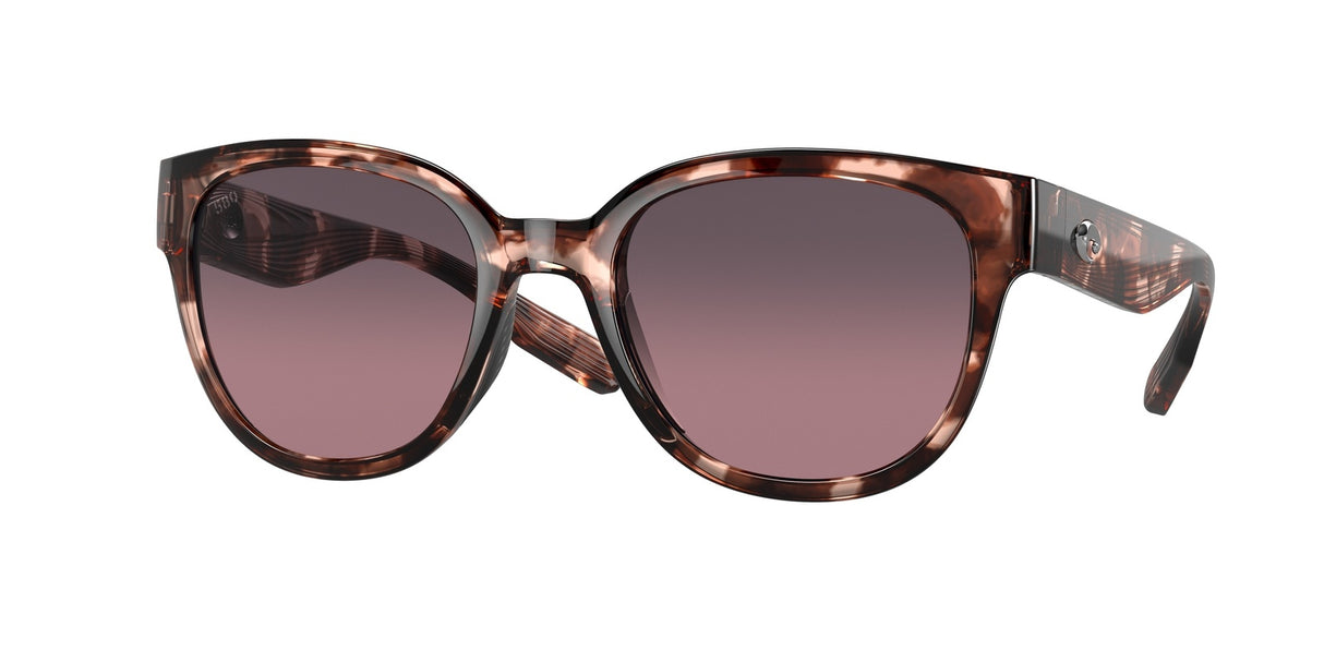 Sunglasses with tortoiseshell frame and gradient purple lenses on a white background