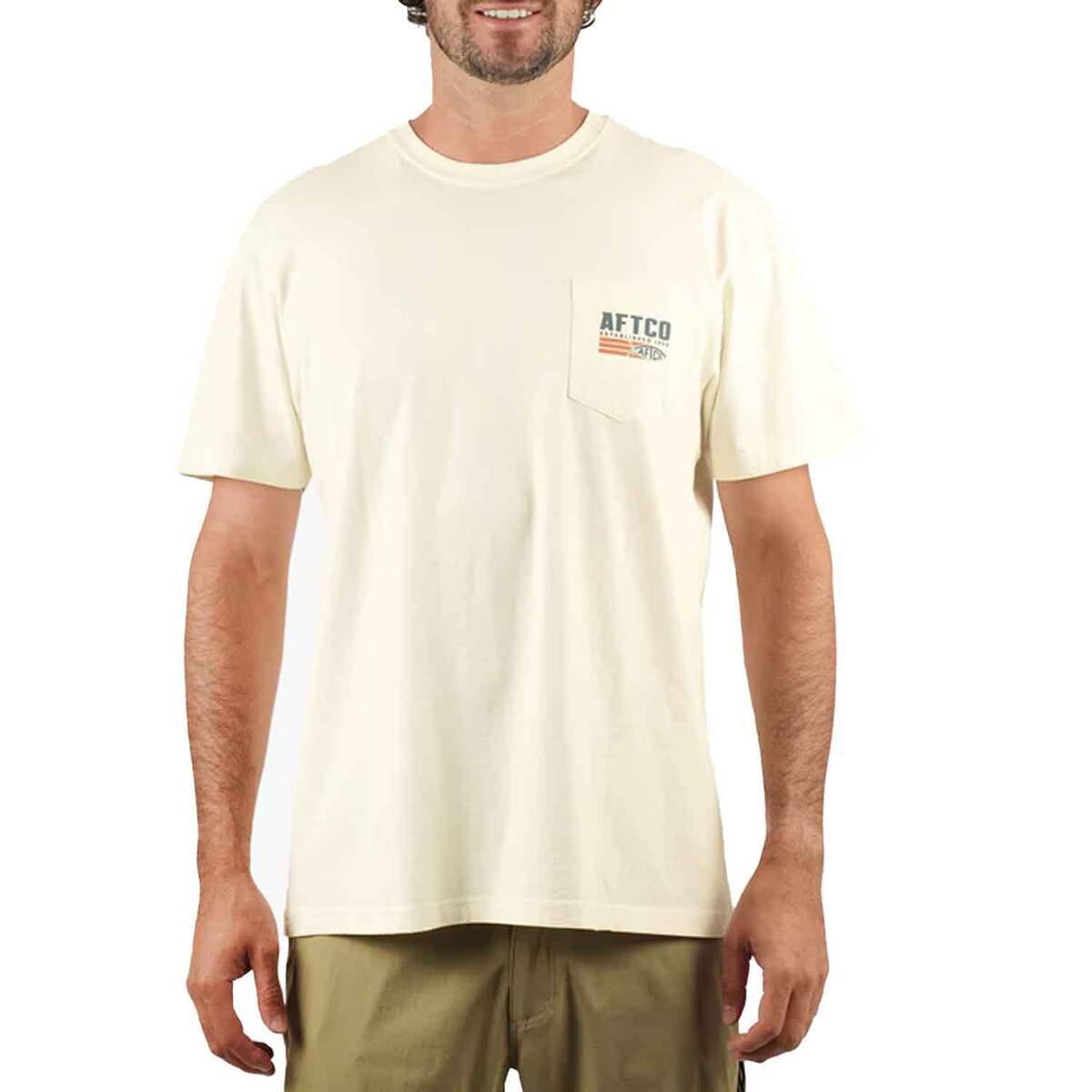 AFTCO Men's Strype Short Sleeve Fishing Shirt - Cream - Large