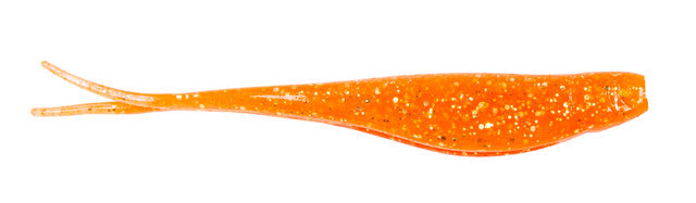 Orange fishing lure with speckled pattern on a white background