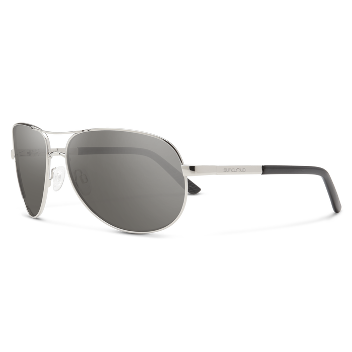 Silver sunglasses with black arms on a white background