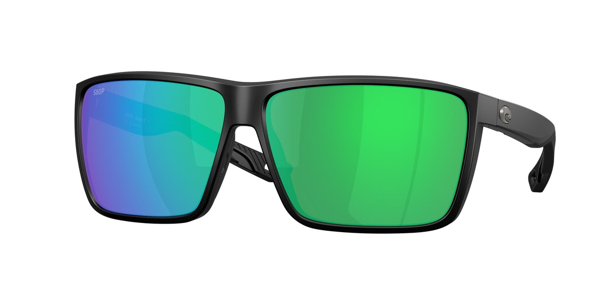 Sunglasses with green and blue reflective lenses on a white background