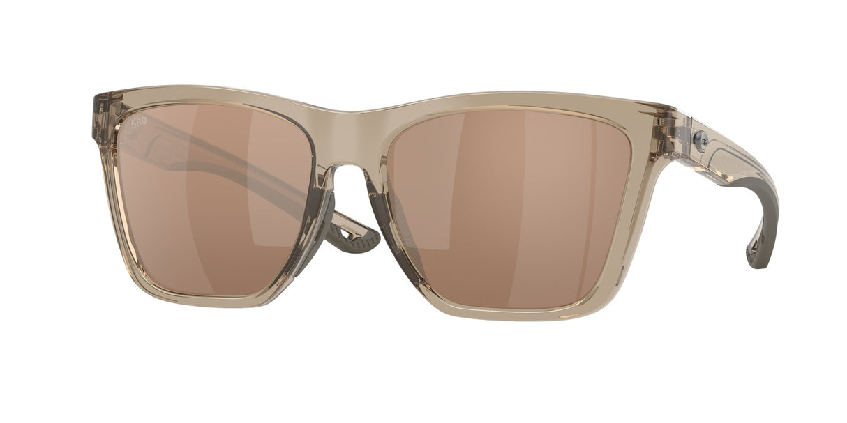 Sunglasses with brown lenses and transparent frame on a white background