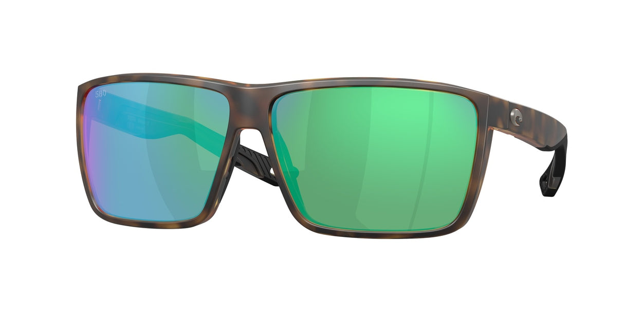 Sunglasses with green and blue reflective lenses on a white background