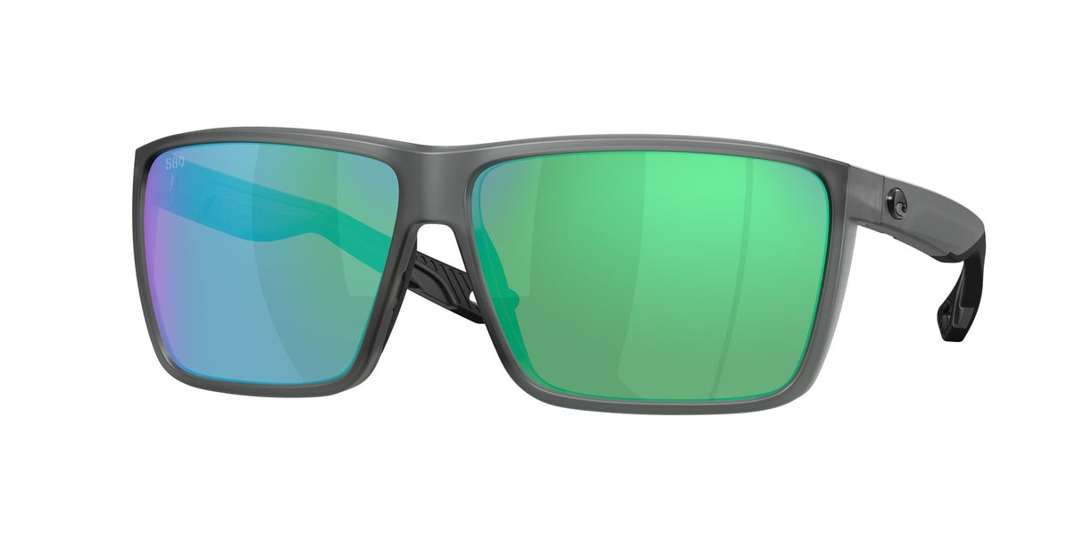 Sunglasses with green reflective lenses and black frame on a white background