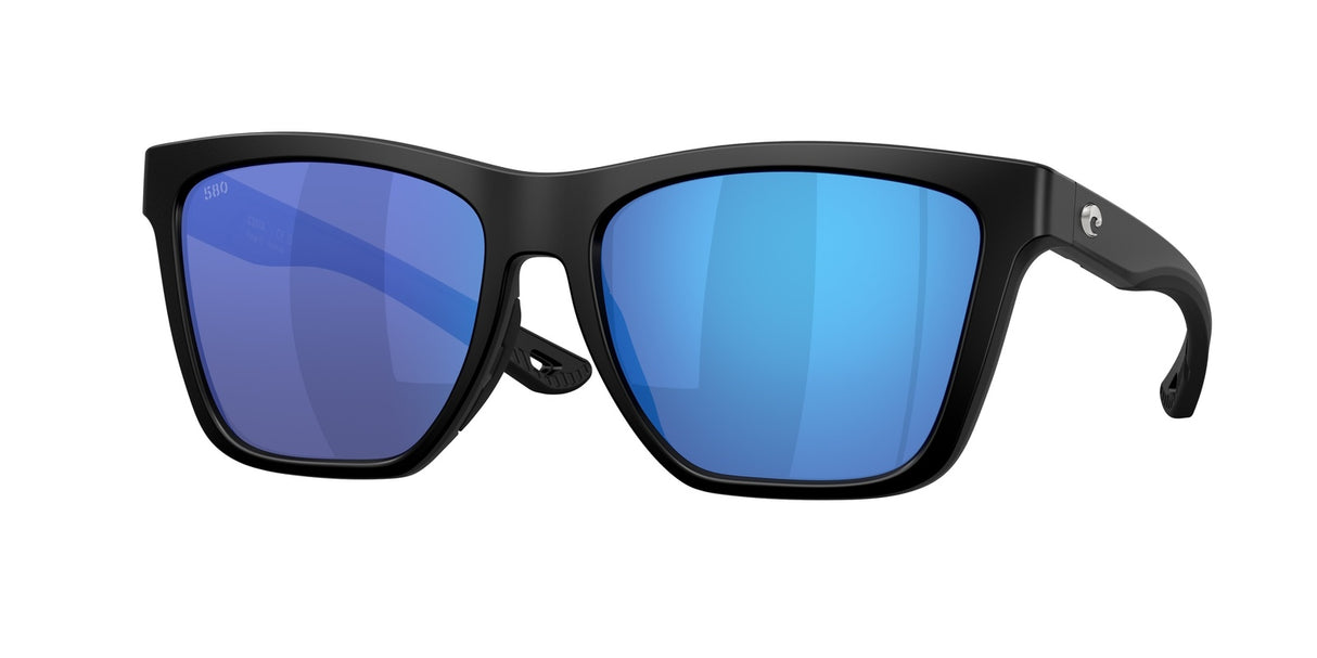 Black sunglasses with blue reflective lenses on a white background