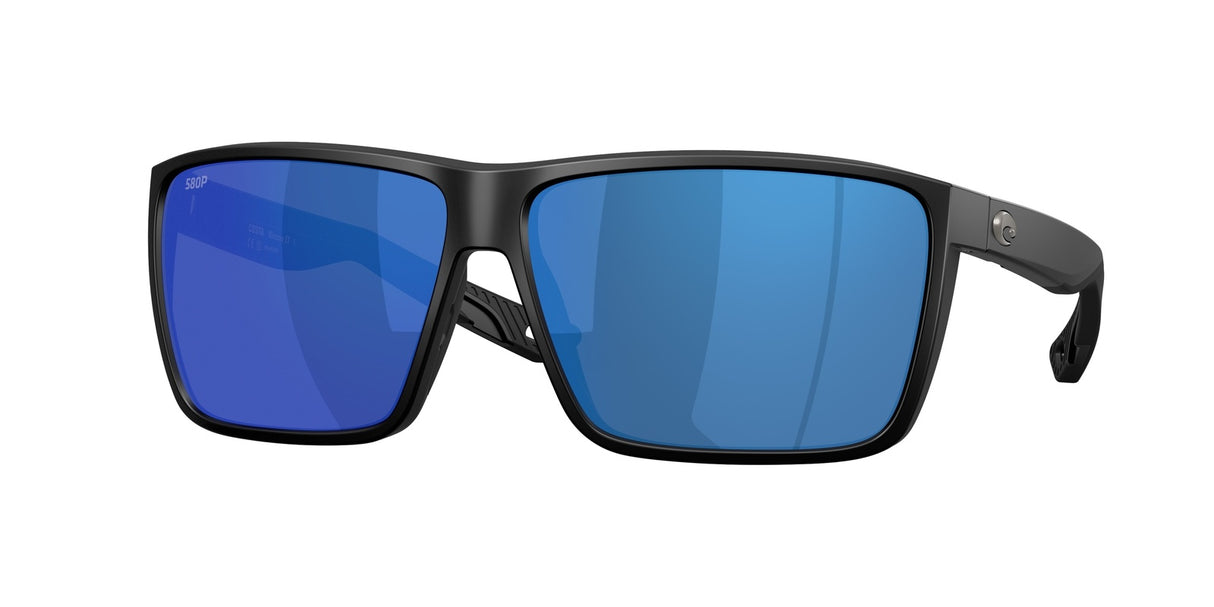 Black sunglasses with blue lenses on a white background