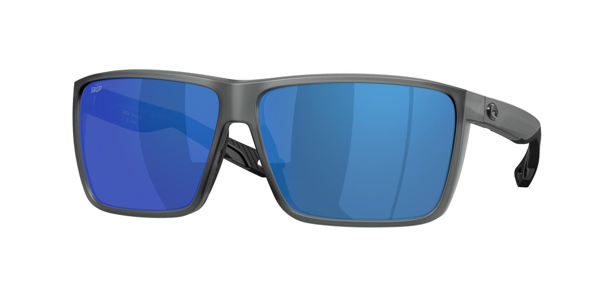Sunglasses with blue lenses and gray frame on a white background