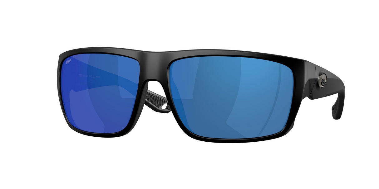Black sunglasses with blue lenses on a white background