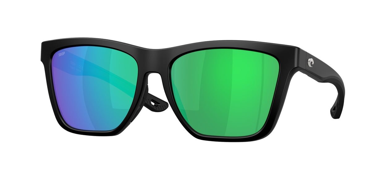 Black-framed sunglasses with green and blue gradient lenses on a white background