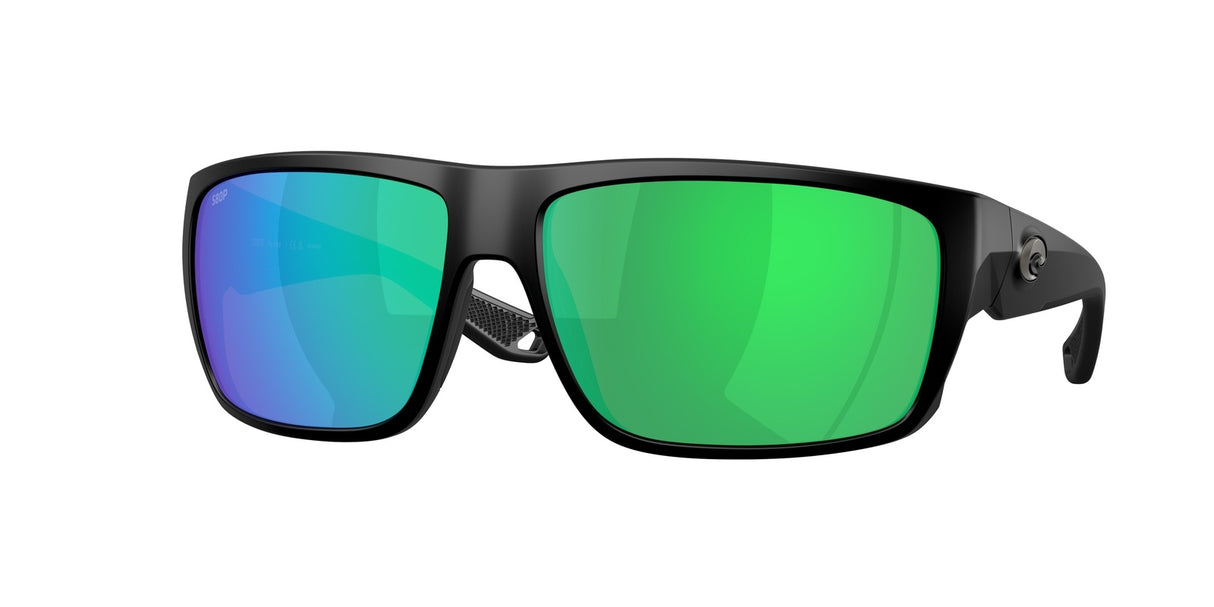 Sunglasses with green and blue reflective lenses on a white background
