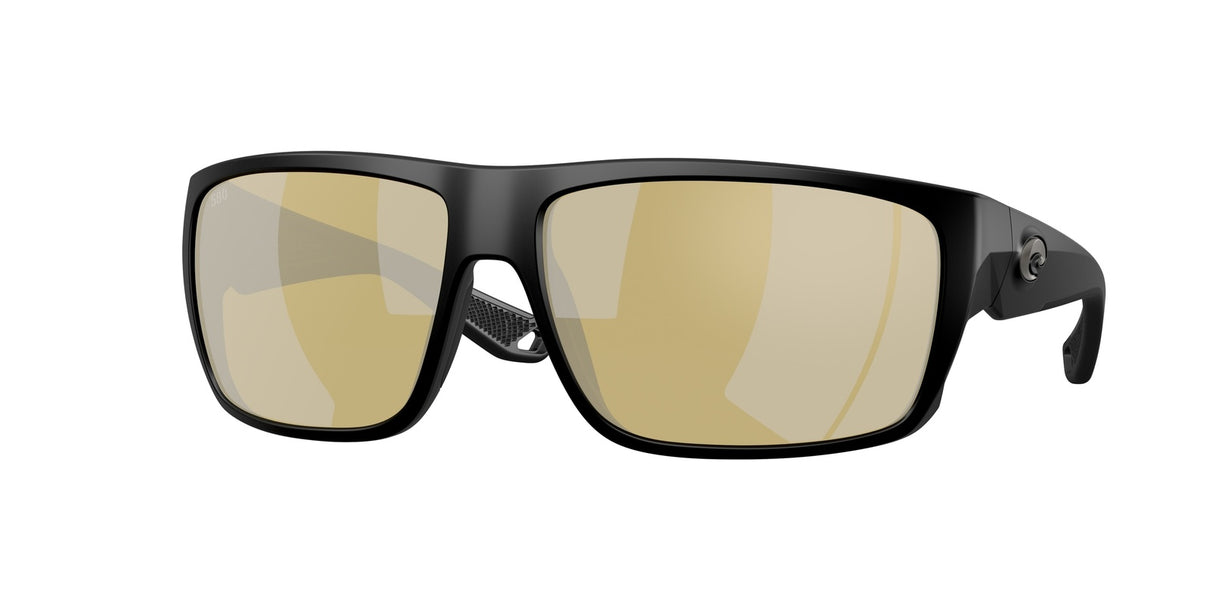 Black sunglasses with gold-tinted lenses on a white background