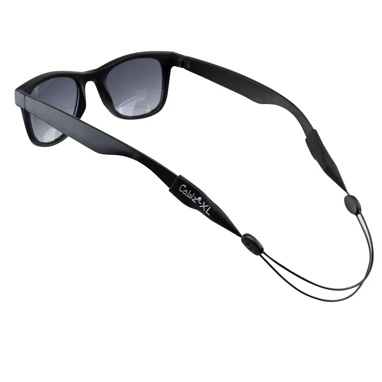 Black sunglasses with a black cord on a white background