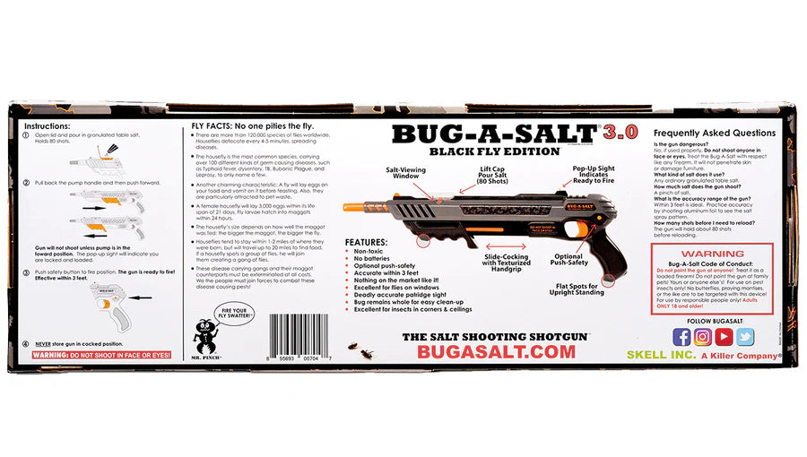 Bug-a-Salt shotgun packaging with text and product details on a white background