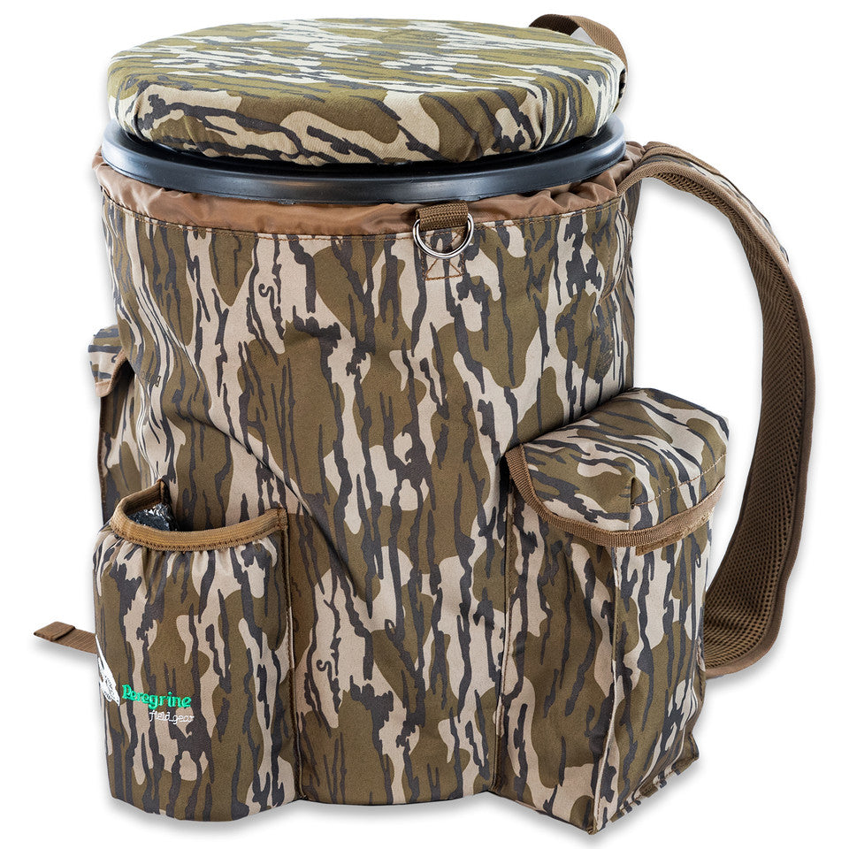 Camouflage cooler bag with multiple pockets and a handle on a white background