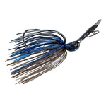 Bass fishing lure with blue and silver colors on a white background