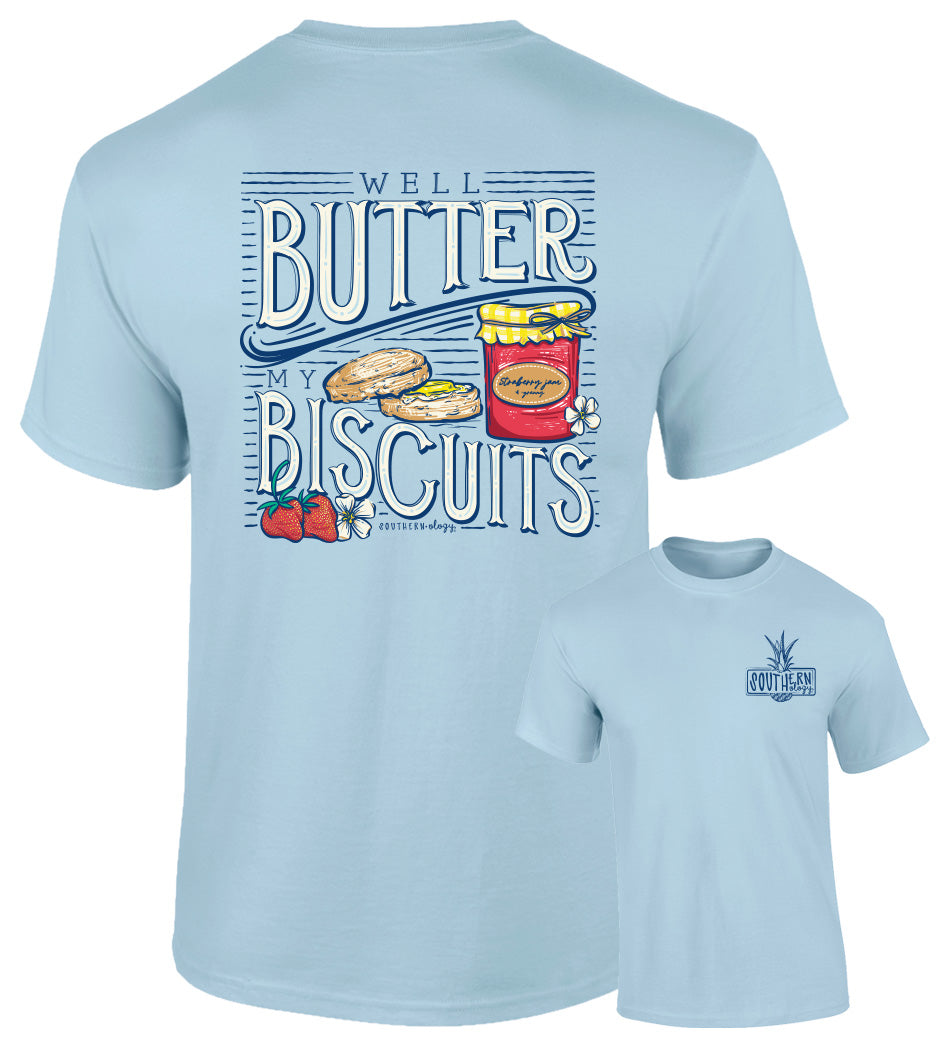 Light blue t-shirt with graphic design and text on a white background