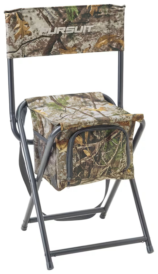 Camouflage hunting chair with 'Ursuit' branding on a white background