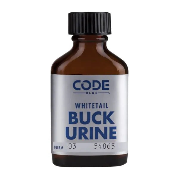 Bottle of Code Blue Whitetail Buck Urine on a white background