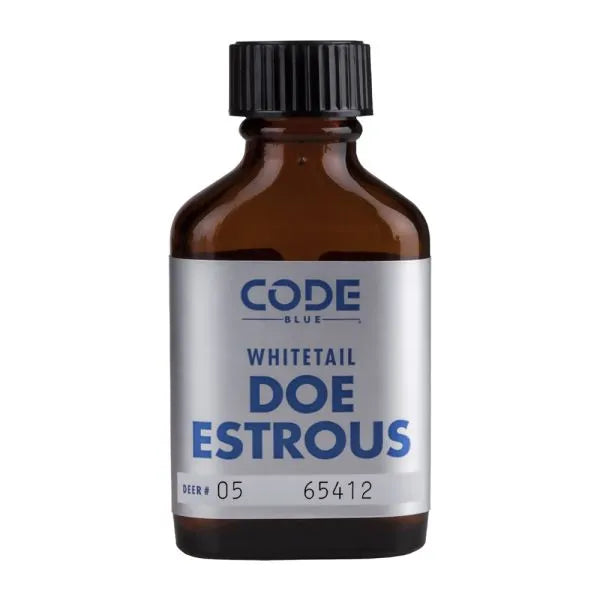 Bottle labeled 'Whitetail Doe Estrous' by Code Blue on a white background