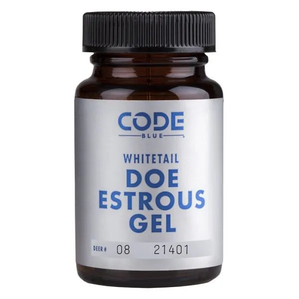 Bottle of Code Blue Whitetail Doe Estrous Gel on a white background