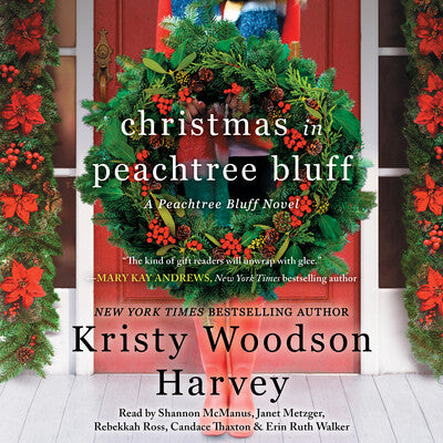 Book cover of 'Christmas in Peachtree Bluff' with festive wreaths and door.