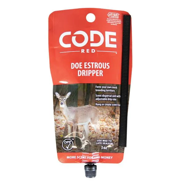 Red packaging of Code Red Doe Estrous Dripper with a deer image on a white background