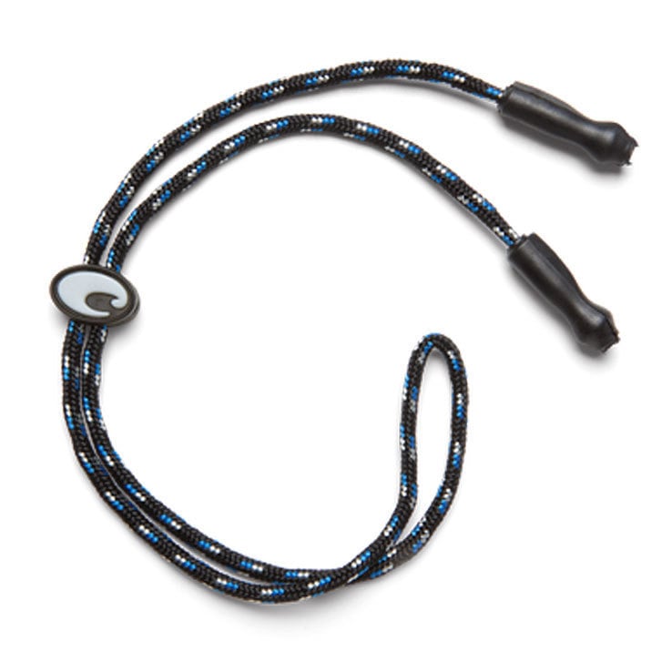 Black and blue beaded lanyard with black ends on a white background