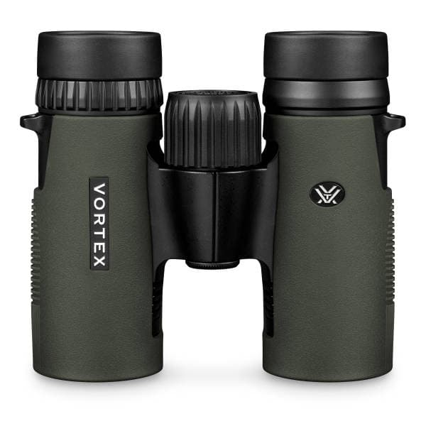 Green binoculars with black accents on a white background, featuring the Vortex brand.