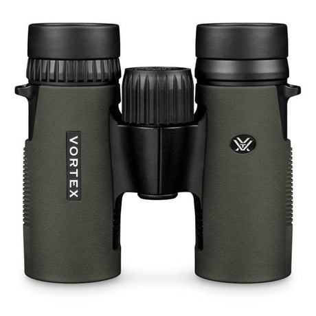 Green binoculars with black accents on a white background, featuring the Vortex brand.