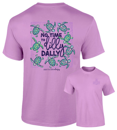 Purple t-shirt with turtle design and text on a white background