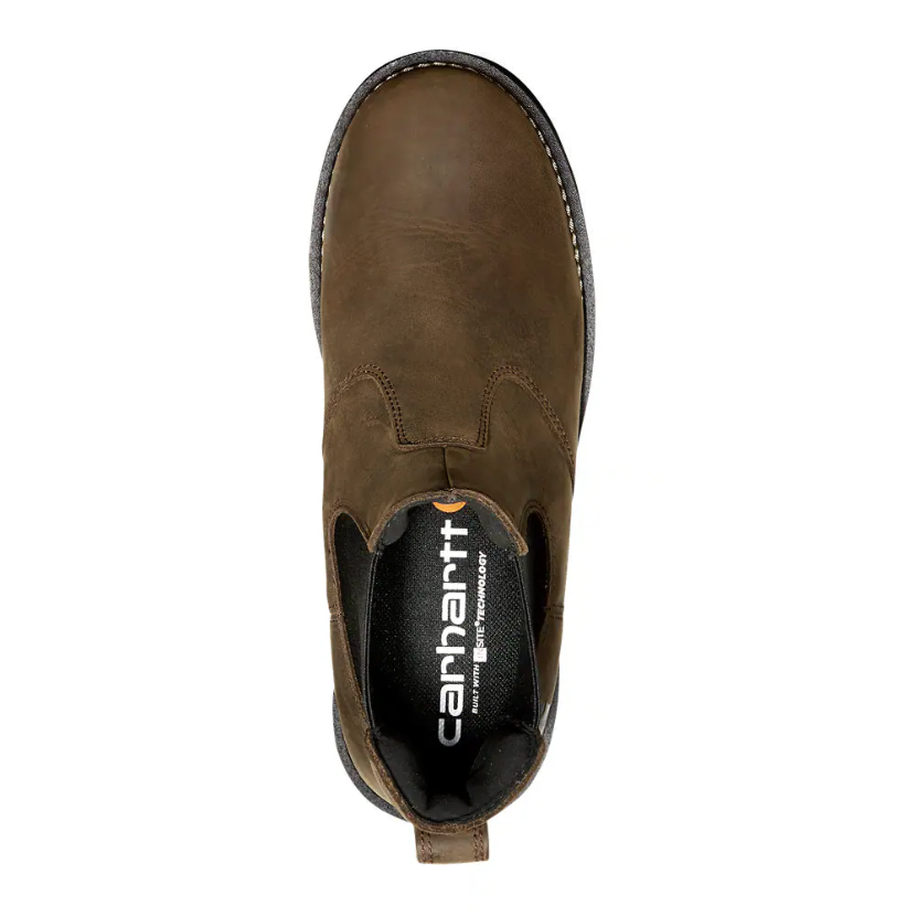 Brown leather slip-on shoe with Carhartt logo on a white background