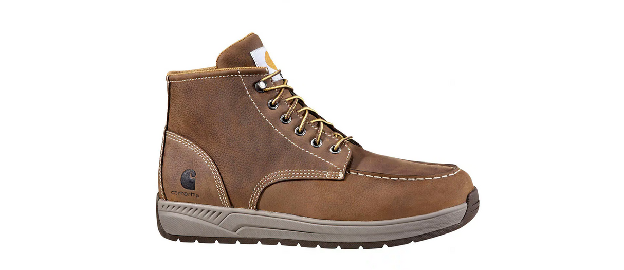 Brown leather boot with a visible brand logo on a white background