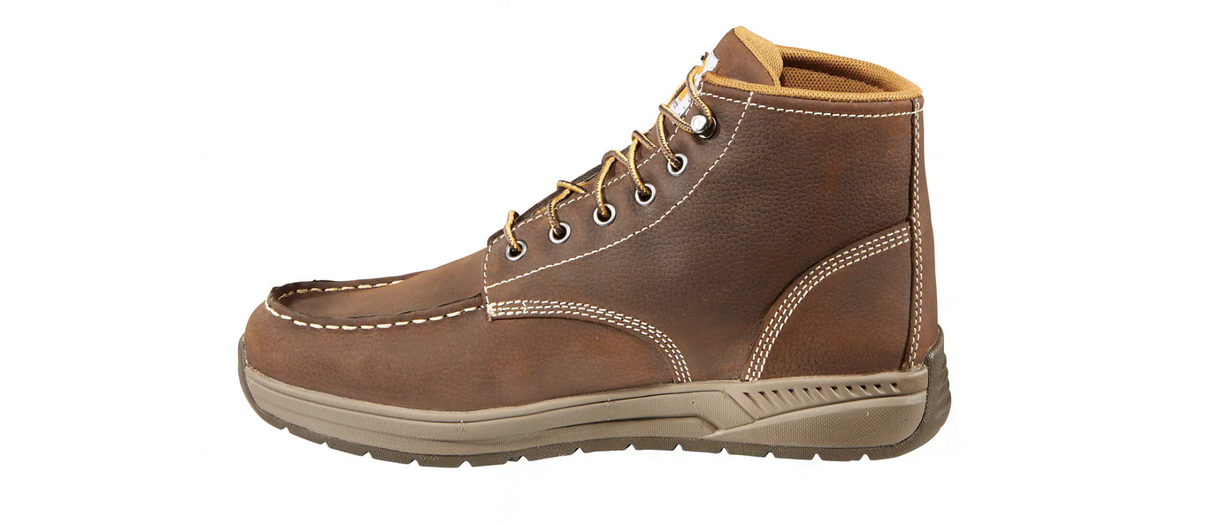 Brown leather boot with beige sole on a white background