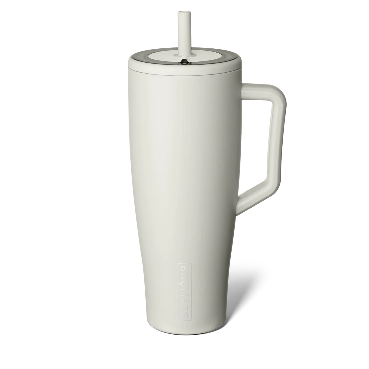 White ceramic mug with handle and straw lid on a white background