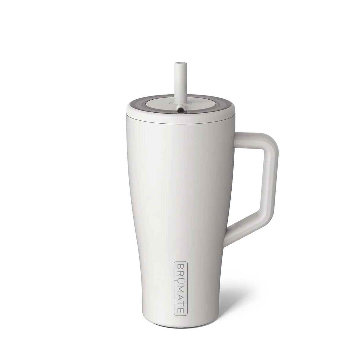 White mug with handle and straw lid on a white background, featuring the Brumate logo.