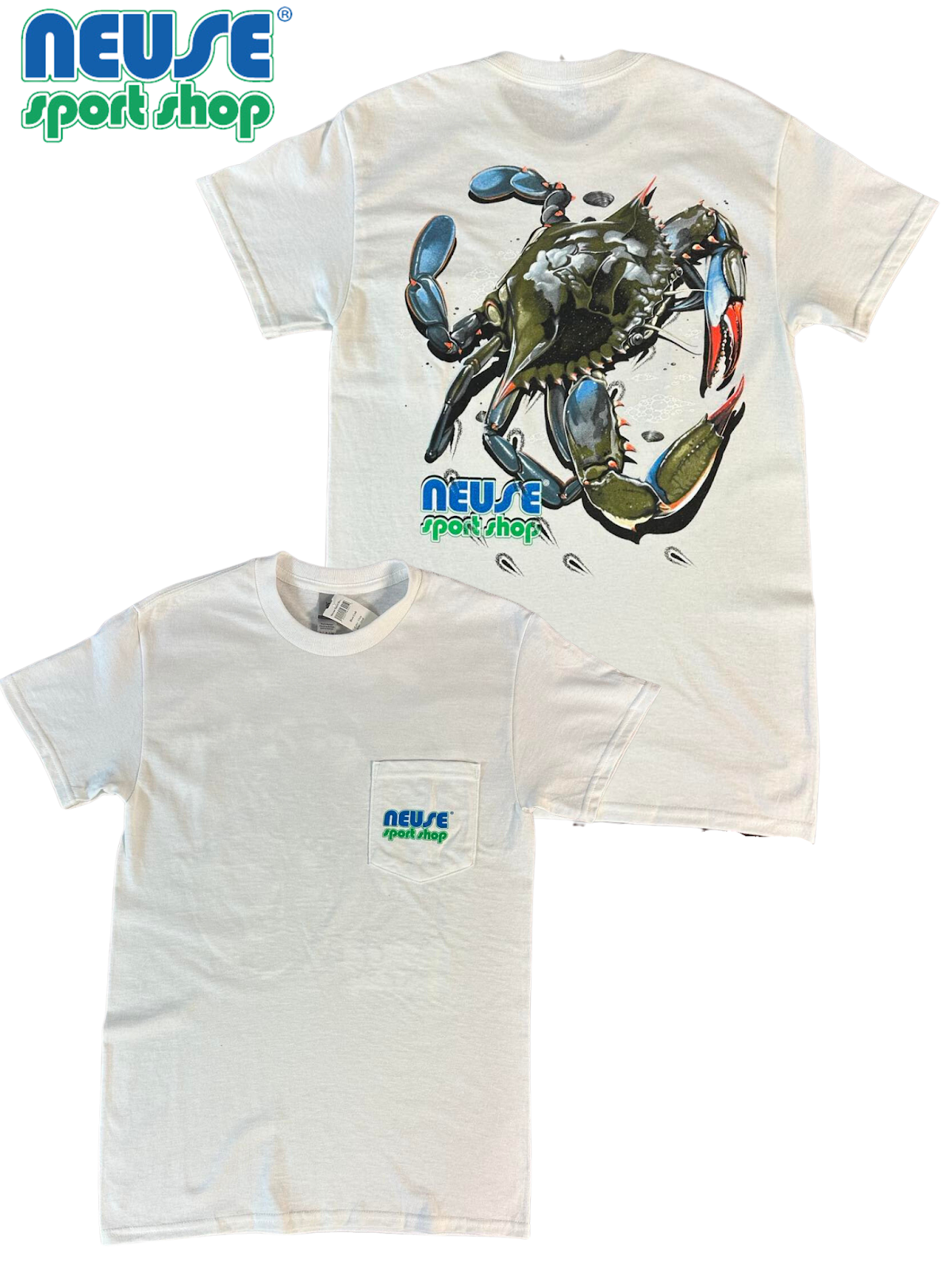 Neuse Bender Blue Crab Short Sleeve Tshirt with Front Pocket