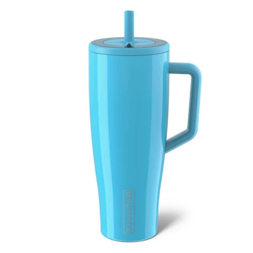 Blue insulated mug with handle and straw on a white background