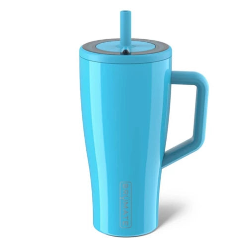 Blue mug with handle and straw on a white background