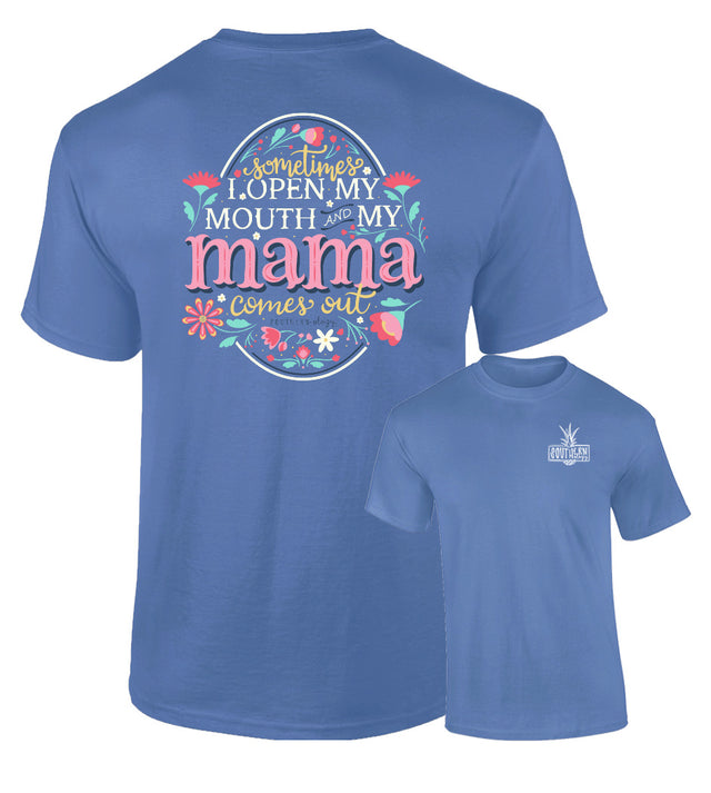 Blue t-shirt with colorful text and graphics on a white background