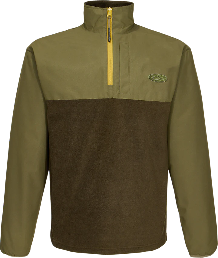 Two-tone green and brown pullover with a logo on a white background