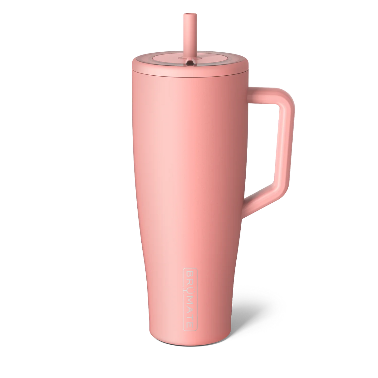 Pink insulated mug with a straw on a white background