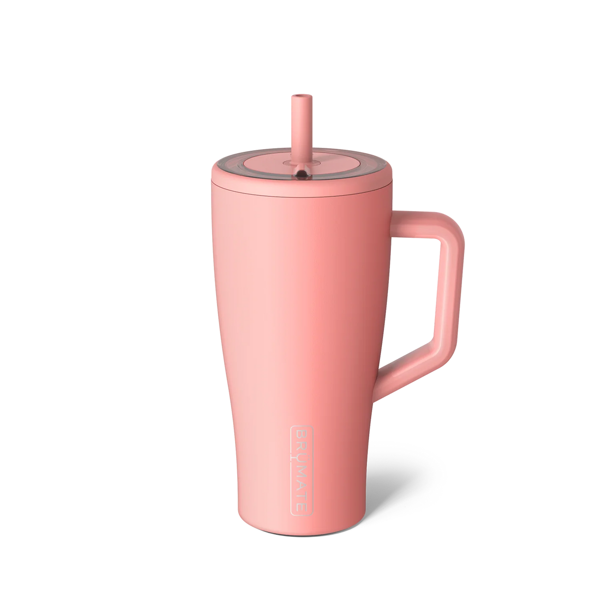 Pink insulated mug with handle and straw on a white background