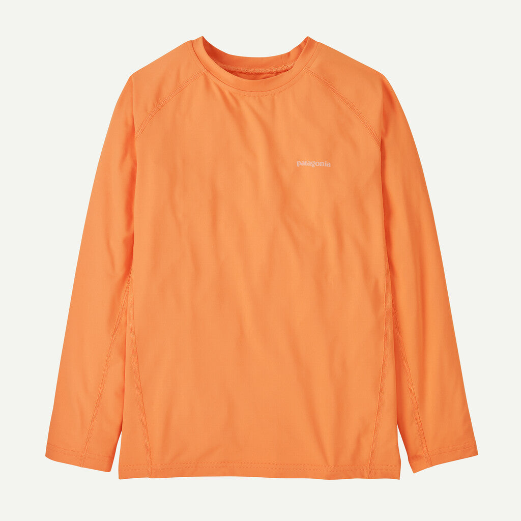 Orange long-sleeve shirt with a brand logo on a light gray background