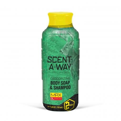 Scent-A-Way deodorizing body soap and shampoo bottle with green label and yellow cap on a white background