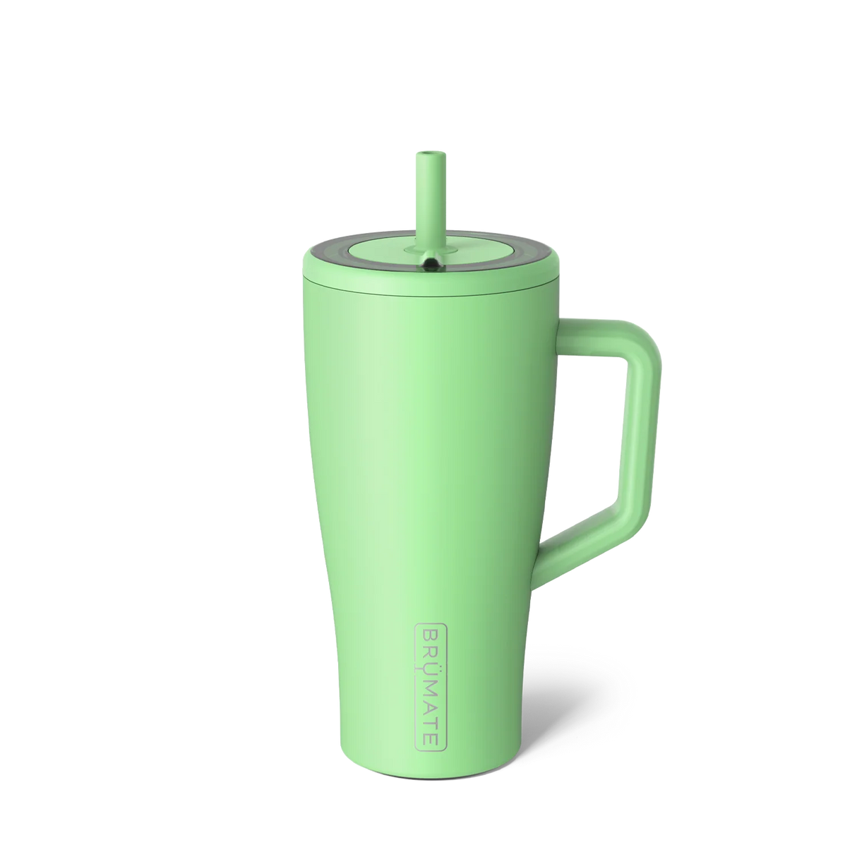 Green tumbler with handle and straw lid on a white background