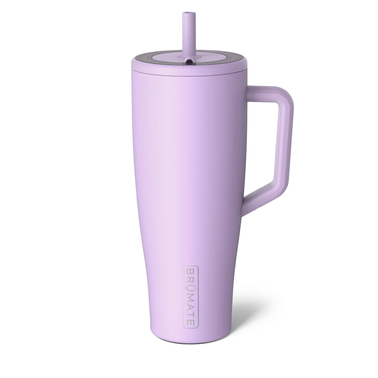 Purple insulated mug with handle and straw lid on a white background